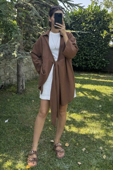 LACING ONE COLOR SIMPLE WOMEN SHIRT BROWN/KAFE - KLAUDIO FASHION
