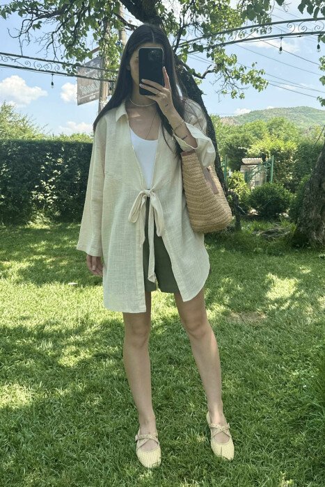 LACING ONE COLOR SIMPLE WOMEN SHIRT CREAM/KREM - 2