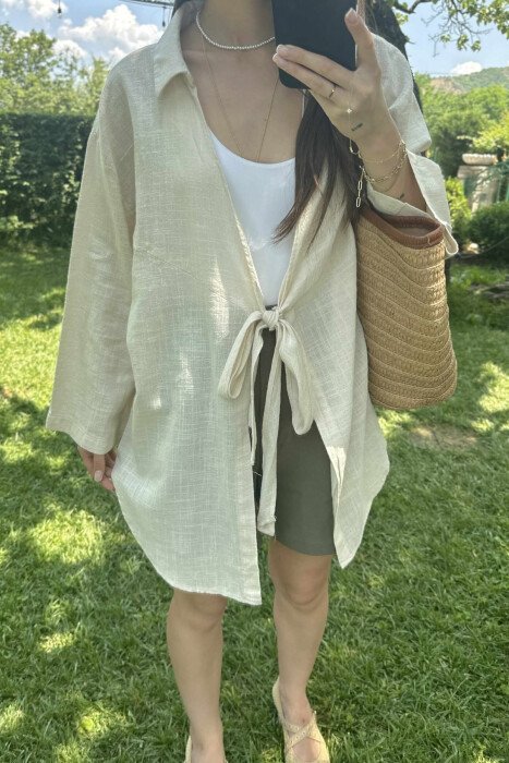 LACING ONE COLOR SIMPLE WOMEN SHIRT CREAM/KREM - 3