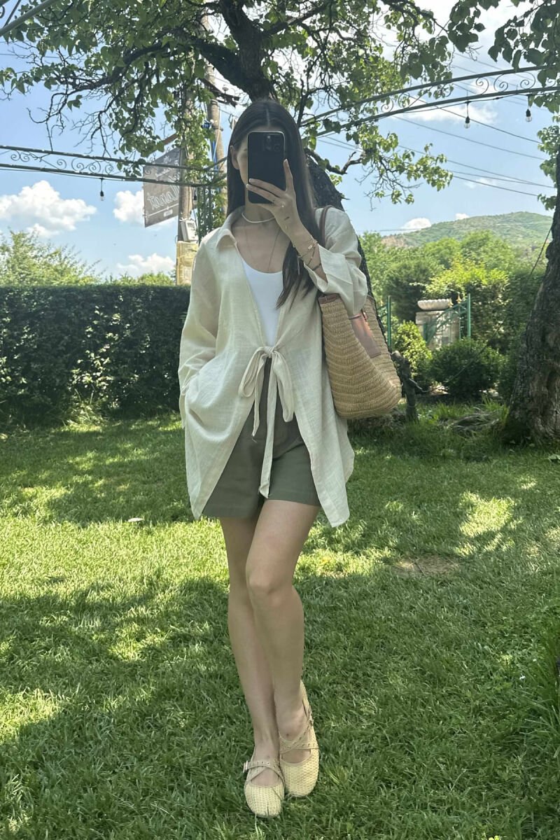 LACING ONE COLOR SIMPLE WOMEN SHIRT CREAM/KREM - 1