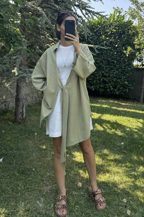 LACING ONE COLOR SIMPLE WOMEN SHIRT OLIVE/ULLI 
