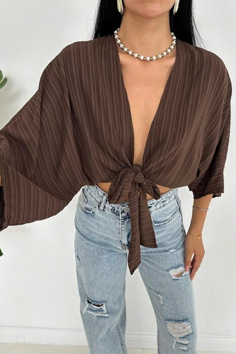 CROP TOP NJE NGJYRESH ME LIDHESE PER FEMRA NE NGJYRE KAFE - KLAUDIO FASHION