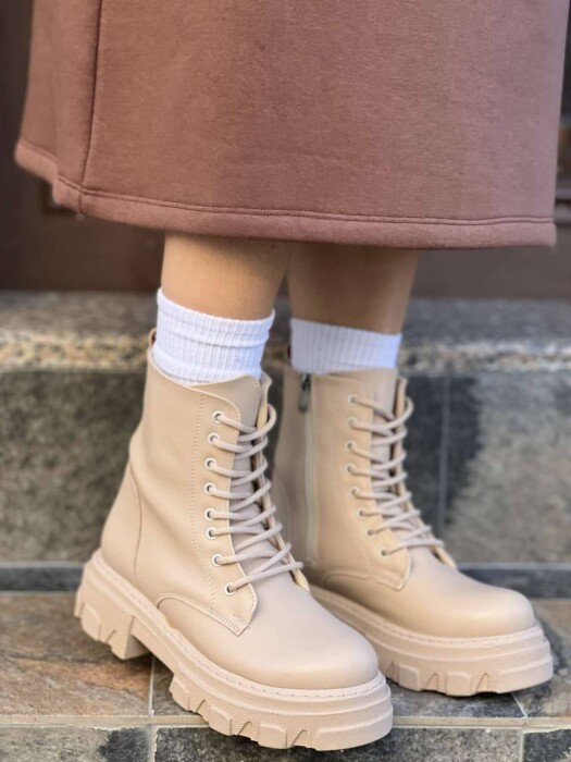 LACING PLATFORM WOMAN ANKLE BOOTS BEIGE/BEZHE - KLAUDIO FASHION