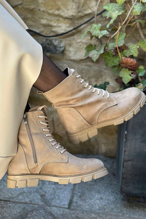 LACING PLATFORM WOMAN ANKLE BOOTS BEIGE/BEZHE - KLAUDIO FASHION