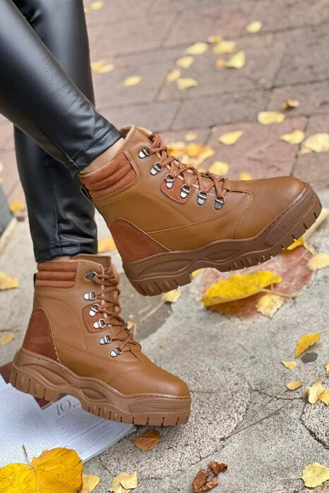 LACING PLATFORM WOMAN ANKLE BOOTS BROWN/KAFE - KLAUDIO FASHION