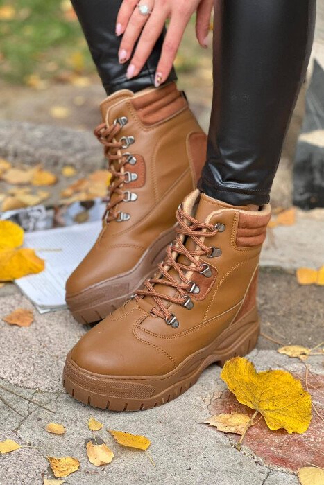 LACING PLATFORM WOMAN ANKLE BOOTS BROWN/KAFE - 4