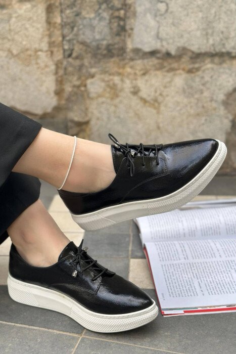 LACING PLATFORM WOMEN SHOES GLOSSY BLACK-ZEZE SHKELQIM - KLAUDIO FASHION