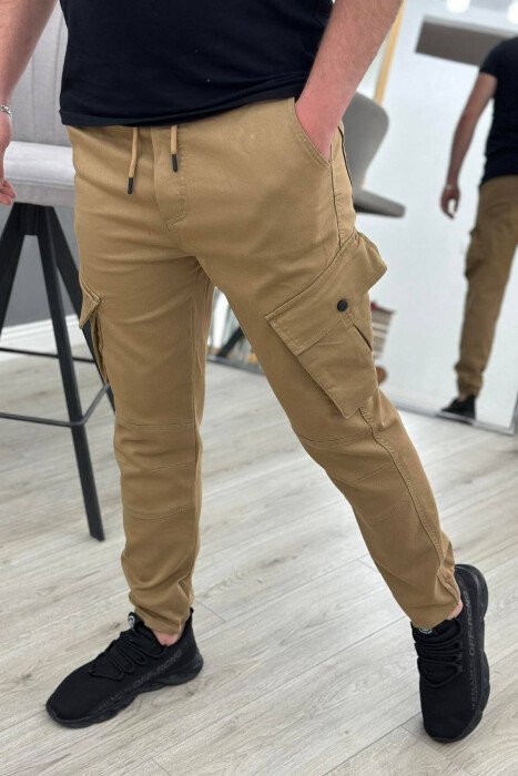 LACING POCKET ONE COLOR MEN CARGO PANTS BROWN/KAFE - KLAUDIO FASHION