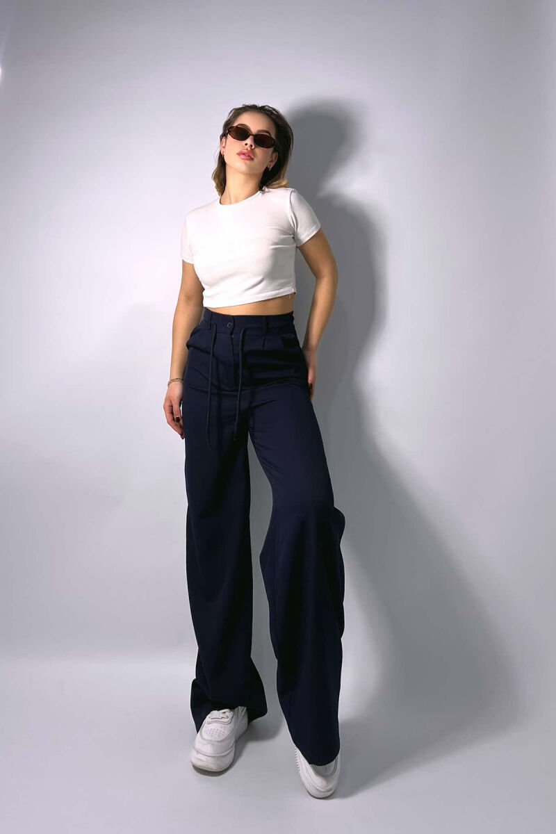 LACING SEMI ELASTIC WAIST WOMEN TROUSERS DARK BLUE/BEE - 1