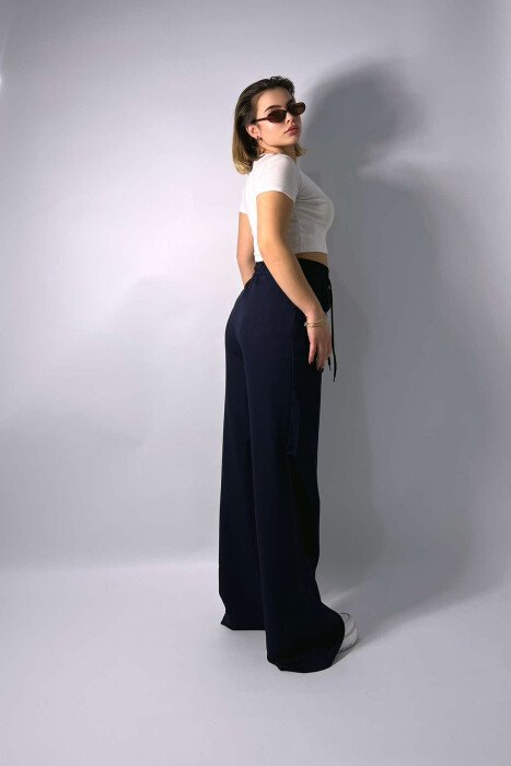 LACING SEMI ELASTIC WAIST WOMEN TROUSERS DARK BLUE/BEE - 4