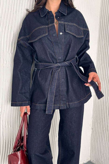 LACING SHIRT+JEANS DENIM WOMEN SET DARK BLUE/BEE - 1