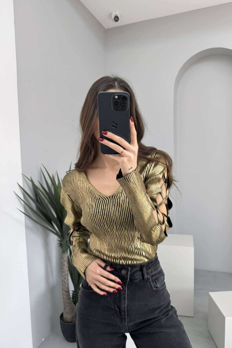 LACING SLEEVES DETAIL V NECK WOMEN SWEATER GOLDEN ROD/GOLD 