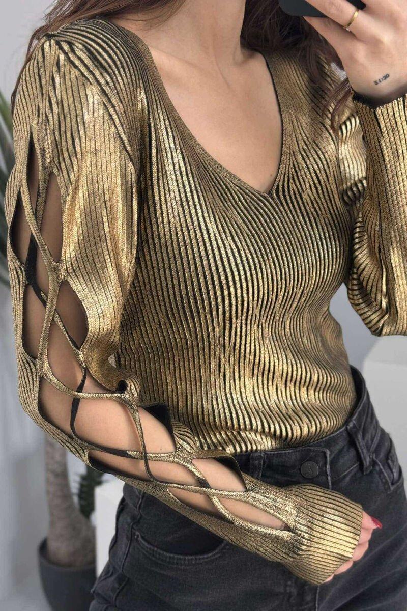 LACING SLEEVES DETAIL V NECK WOMEN SWEATER GOLDEN ROD/GOLD - 4
