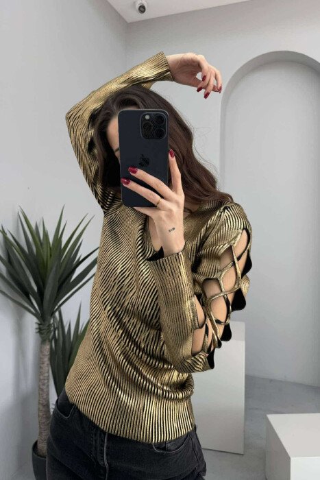 LACING SLEEVES DETAIL V NECK WOMEN SWEATER GOLDEN ROD/GOLD - 5