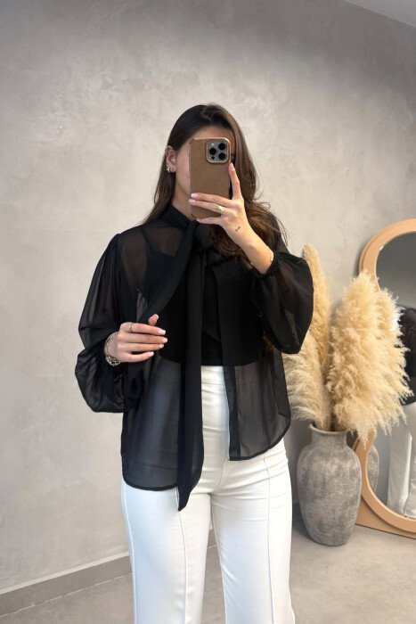 LACING TULLE ONE COLOR WOMAN SHIRT BLACK/ E ZEZE - KLAUDIO FASHION