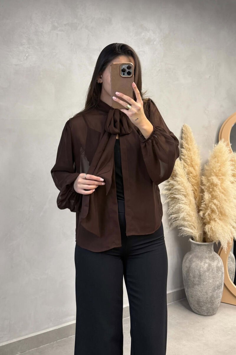 LACING TULLE ONE COLOR WOMAN SHIRT BROWN/KAFE - 1