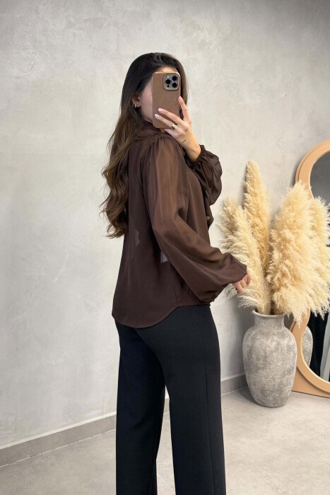 LACING TULLE ONE COLOR WOMAN SHIRT BROWN/KAFE - 2