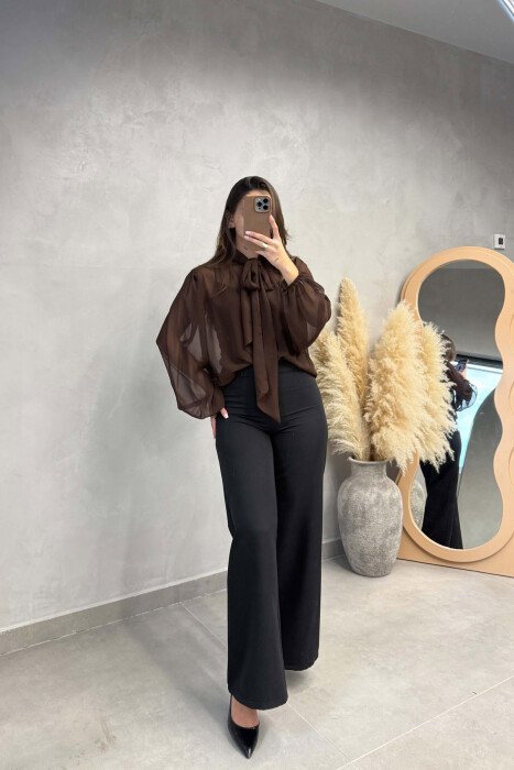 LACING TULLE ONE COLOR WOMAN SHIRT BROWN/KAFE - 3