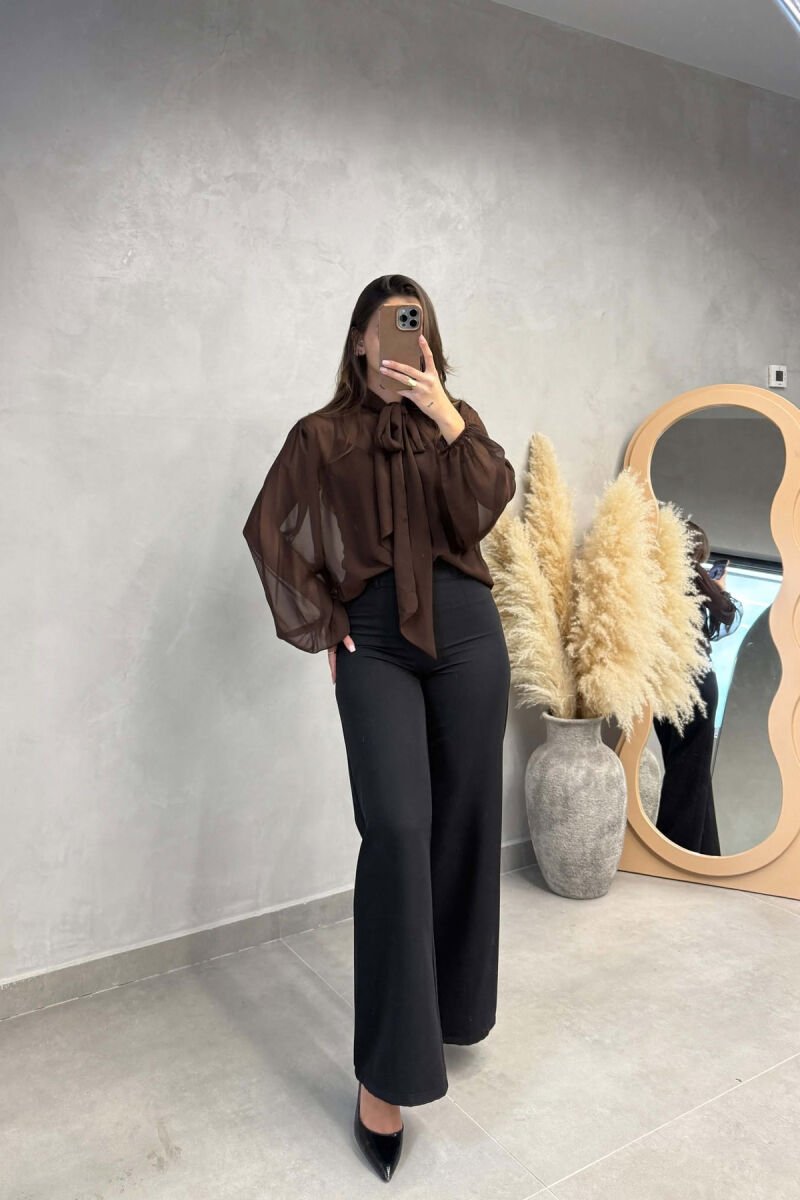 LACING TULLE ONE COLOR WOMAN SHIRT BROWN/KAFE - 3
