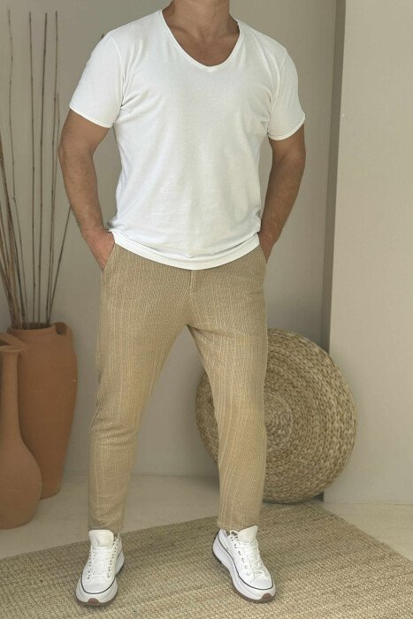 LACING WAIST KNITTED ONE COLOR MEN PANTS LIGHT BROWN/KAZB - 1