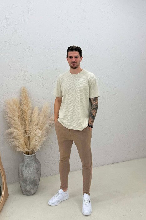 LACING WAIST ONE COLOR MEN PANTS BEIGE/BEZHE - 1