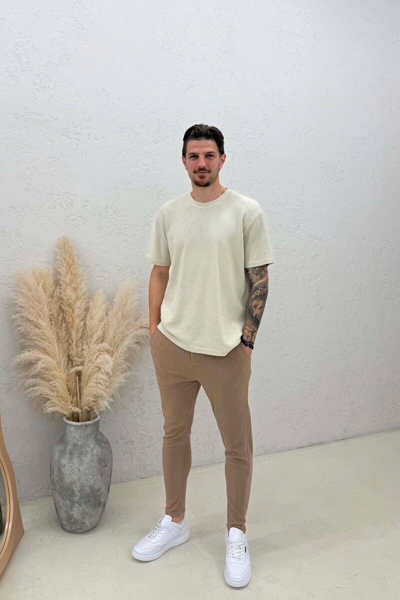 LACING WAIST ONE COLOR MEN PANTS BEIGE/BEZHE - 1