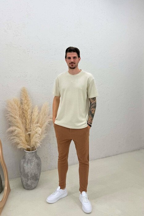 LACING WAIST ONE COLOR MEN PANTS BROWN/KAFE - KLAUDIO FASHION