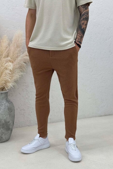 LACING WAIST ONE COLOR MEN PANTS BROWN/KAFE - 2
