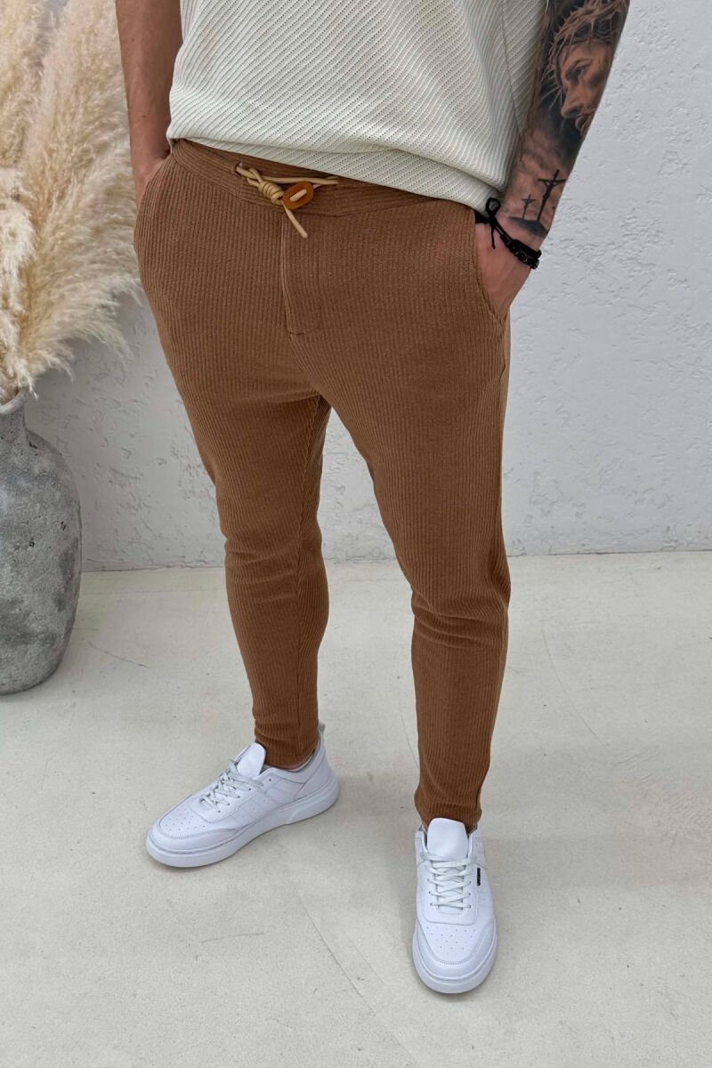LACING WAIST ONE COLOR MEN PANTS BROWN/KAFE - 4