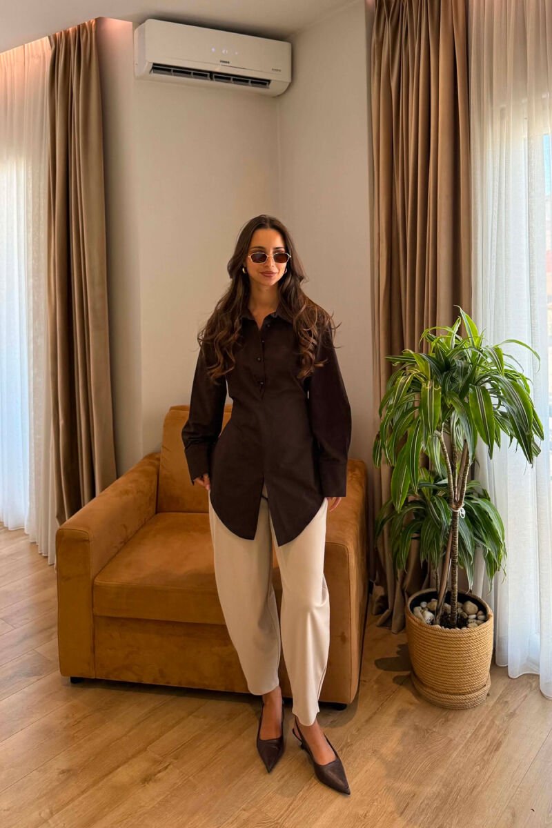 LACING WAIST ONE COLOR WOMAN SHIRT BROWN/KAFE - 4