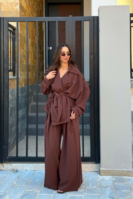 LACING WAIST SHIRT + WIDE LEG TROUSERS WOMAN SET BROWN/KAFE - 2