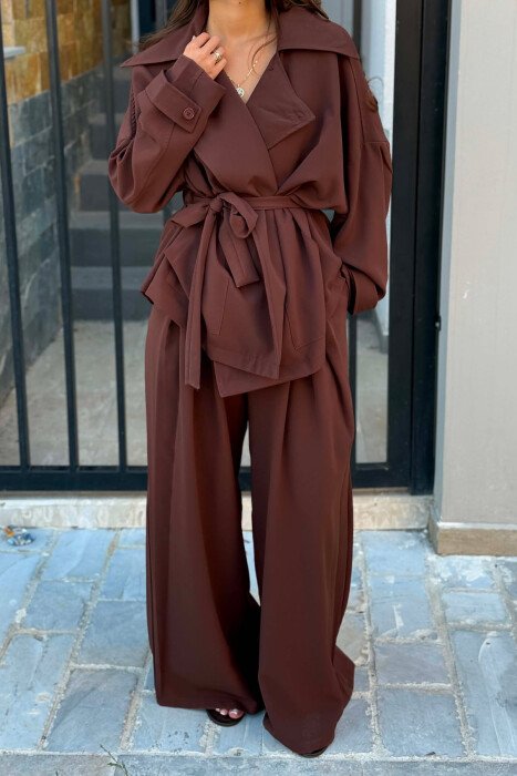 LACING WAIST SHIRT + WIDE LEG TROUSERS WOMAN SET BROWN/KAFE - 3