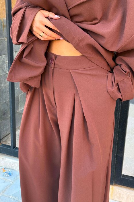 LACING WAIST SHIRT + WIDE LEG TROUSERS WOMAN SET BROWN/KAFE - 5
