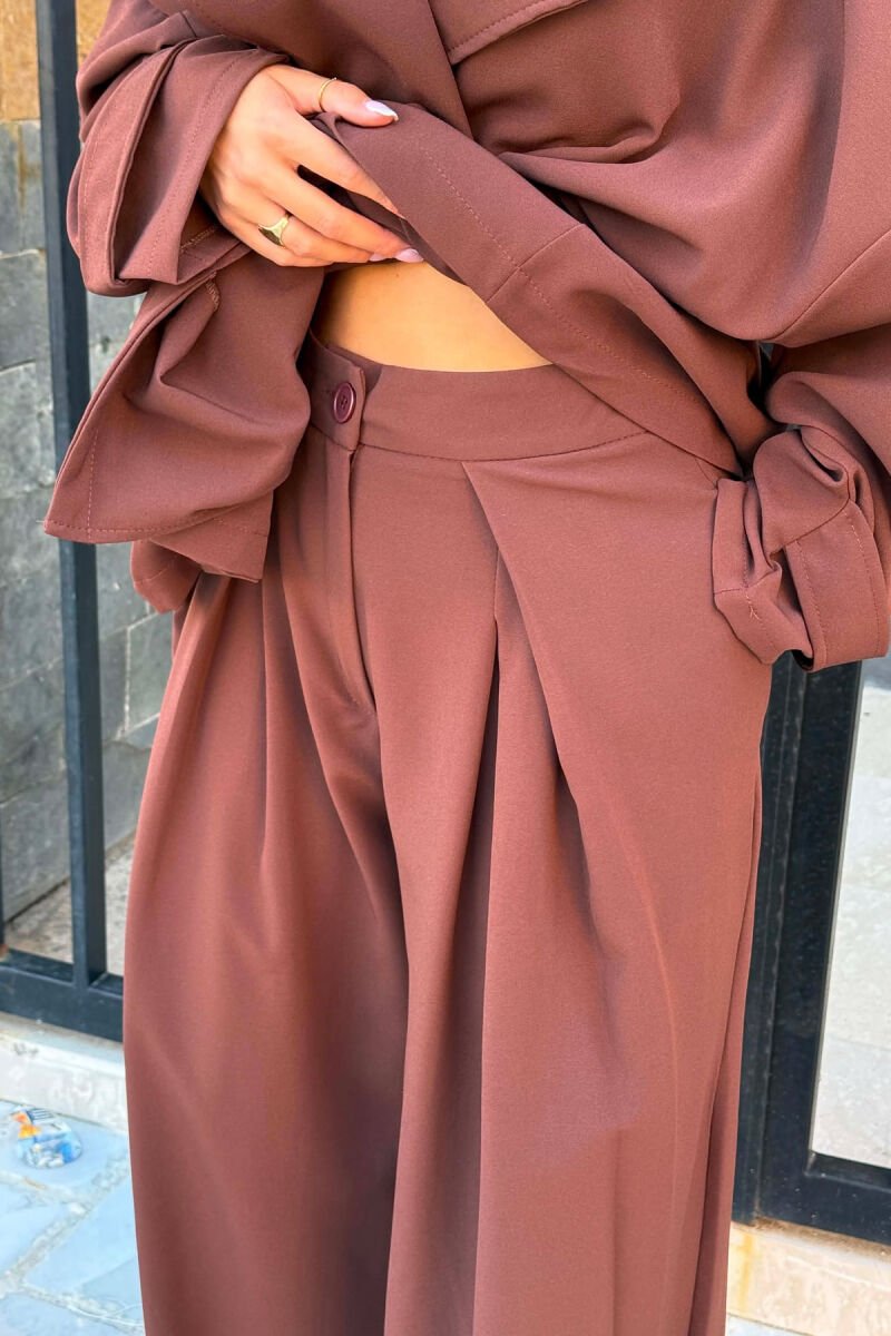 LACING WAIST SHIRT + WIDE LEG TROUSERS WOMAN SET BROWN/KAFE - 5