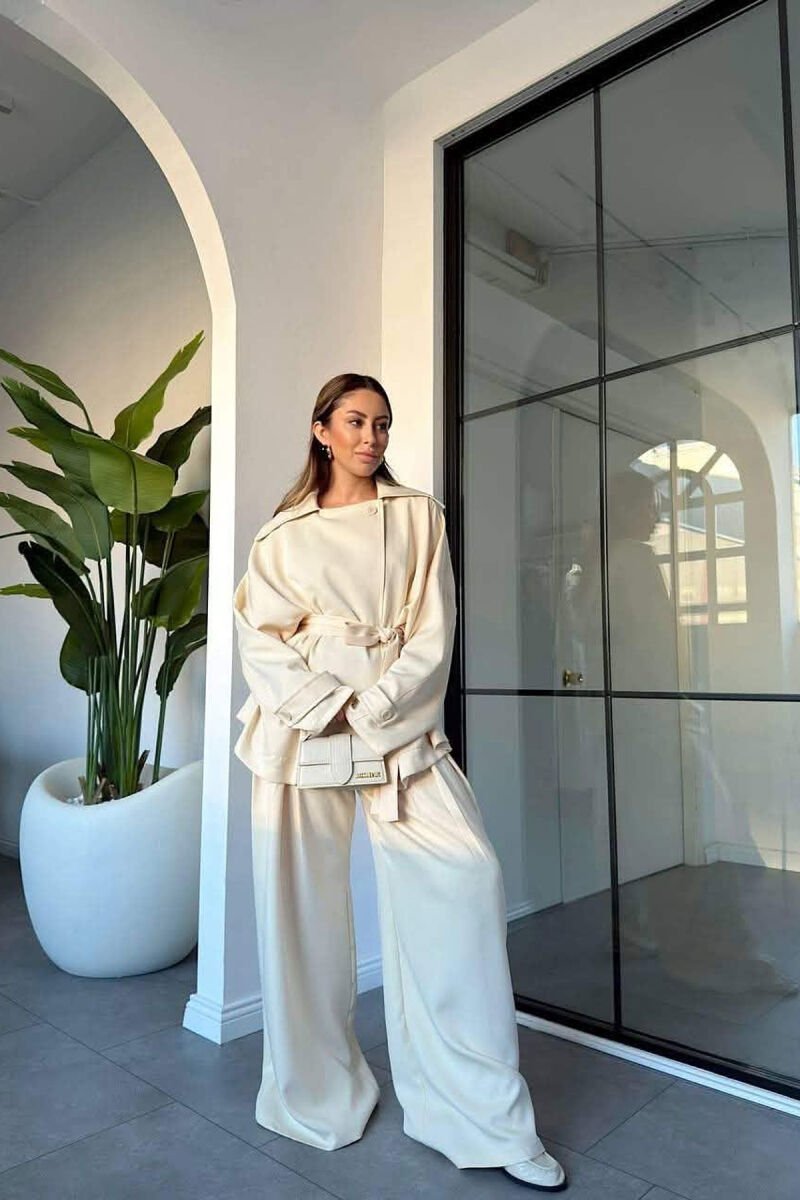 LACING WAIST SHIRT + WIDE LEG TROUSERS WOMAN SET CREAM/KREM - 2