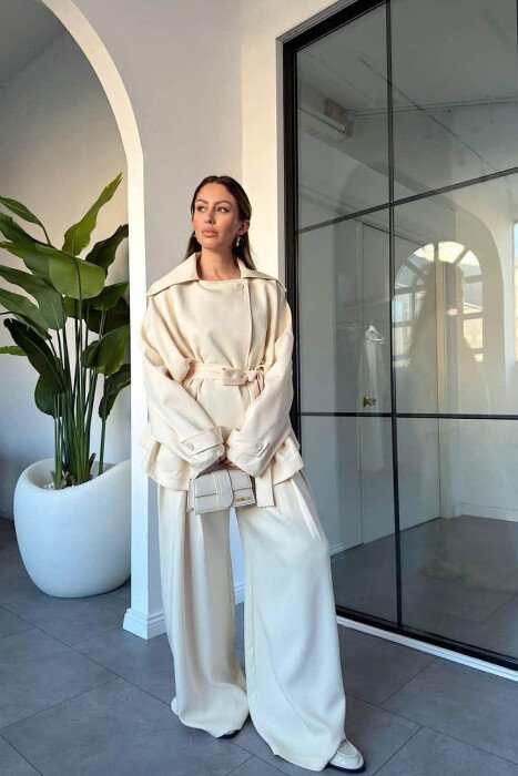 LACING WAIST SHIRT + WIDE LEG TROUSERS WOMAN SET CREAM/KREM - 3