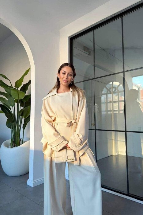 LACING WAIST SHIRT + WIDE LEG TROUSERS WOMAN SET CREAM/KREM - 5