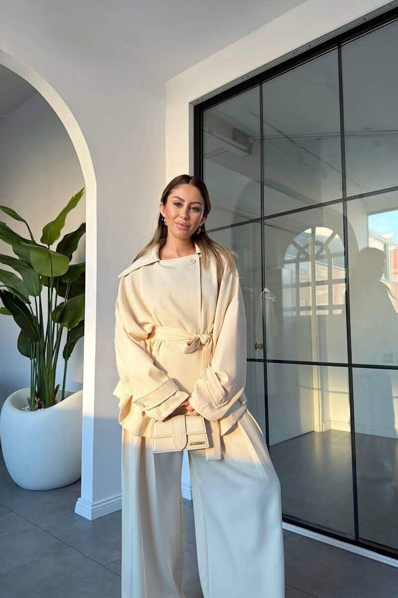LACING WAIST SHIRT + WIDE LEG TROUSERS WOMAN SET CREAM/KREM - 5