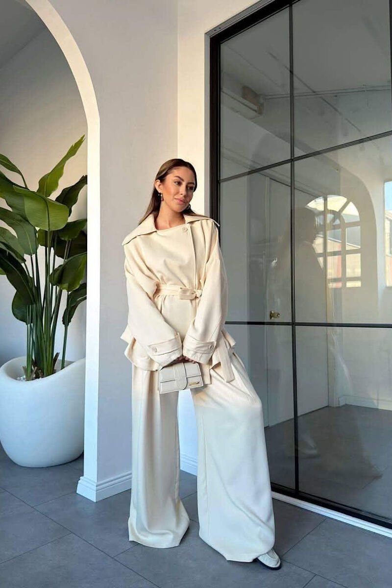 LACING WAIST SHIRT + WIDE LEG TROUSERS WOMAN SET CREAM/KREM - 6