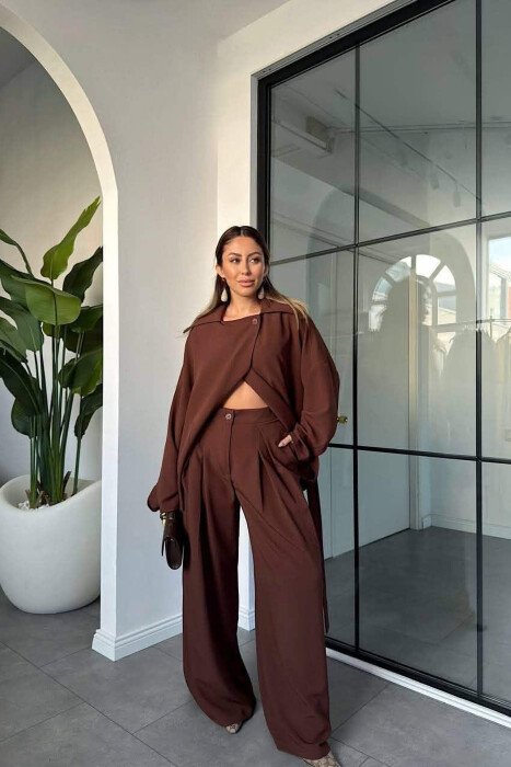 LACING WAIST SHIRT + WIDE LEG TROUSERS WOMAN SET LIGHT BROWN/KAZB 