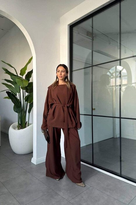 LACING WAIST SHIRT + WIDE LEG TROUSERS WOMAN SET LIGHT BROWN/KAZB - 2