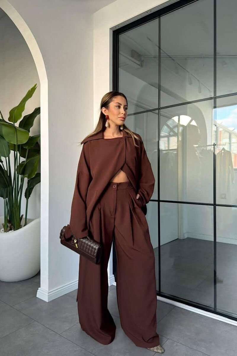 LACING WAIST SHIRT + WIDE LEG TROUSERS WOMAN SET LIGHT BROWN/KAZB - 4