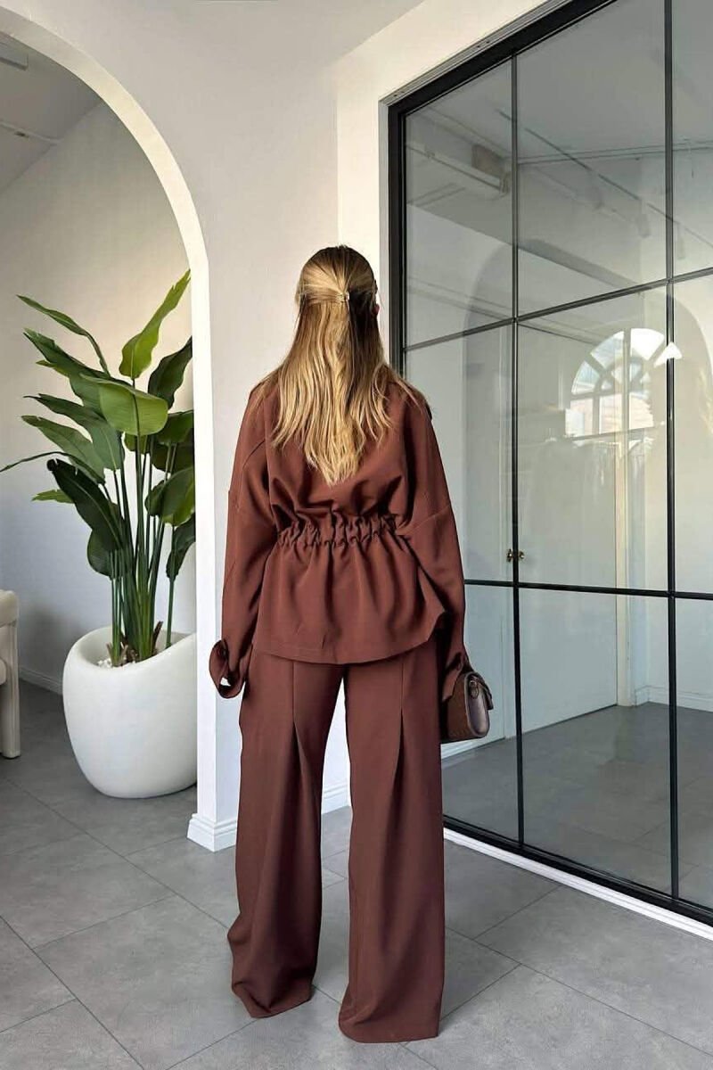 LACING WAIST SHIRT + WIDE LEG TROUSERS WOMAN SET LIGHT BROWN/KAZB - 5