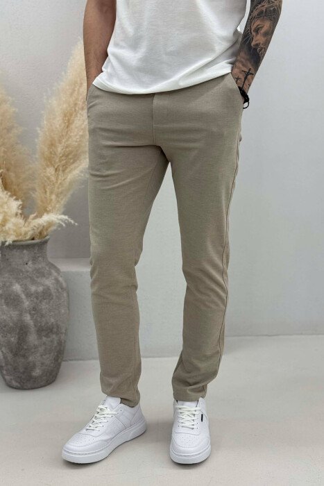 PANTALLONA TE THJESHTA ME LIDHESE TEK BELI PER MESHKUJ NE NGJYRE BEZHE - KLAUDIO FASHION