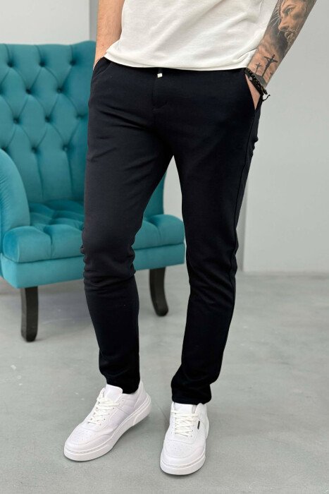 LACING WAIST SIMPLE MEN PANTS DARK BLUE/BEE - KLAUDIO FASHION