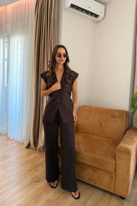 LACING WAIST VEST + SEMI ELASTIC WAIST TROUSERS WOMAN SET BROWN/KAFE - KLAUDIO FASHION