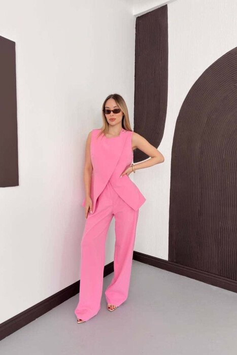 LACING WAIST VEST + TROUSERS WOMAN SET PINK/ROZE - KLAUDIO FASHION