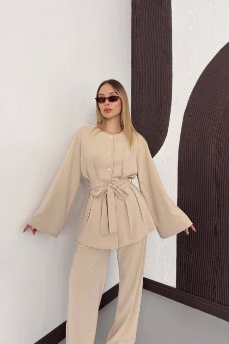 LACING WASIT SHIRT + TROUSERS WOMAN SET BEIGE/BEZHE - 5