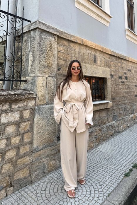 LACING WASIT SHIRT + TROUSERS WOMAN SET BEIGE/BEZHE - 1