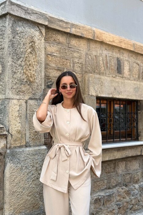 LACING WASIT SHIRT + TROUSERS WOMAN SET BEIGE/BEZHE - 3